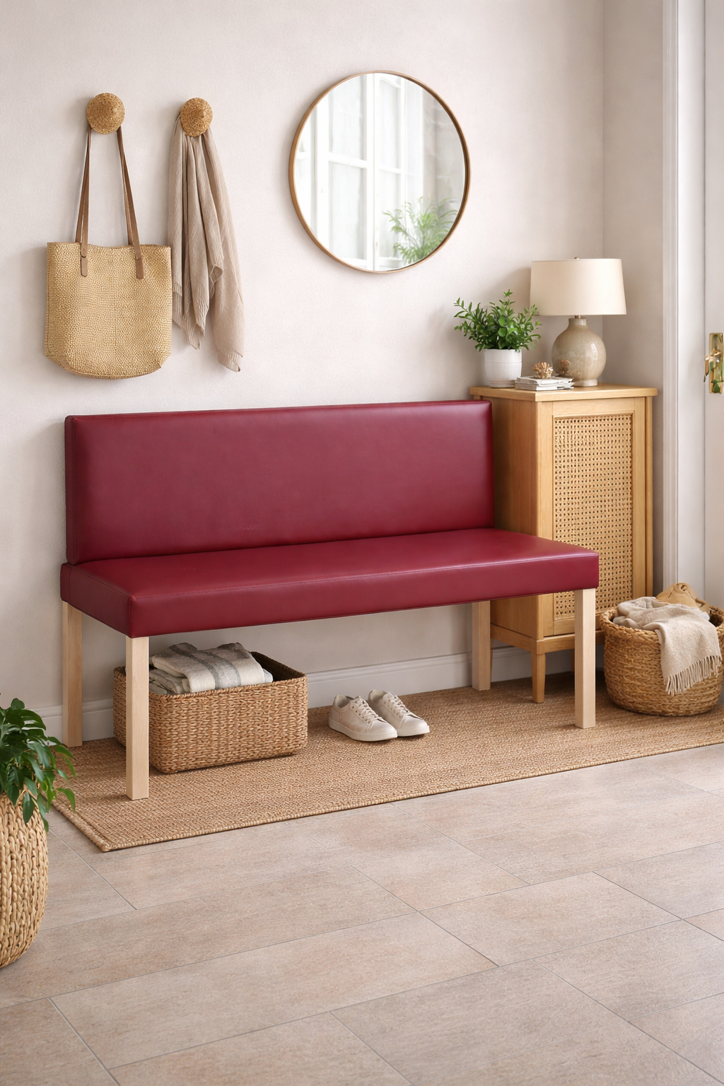 Flurbank Sitzbank Weinrot 139,5 cm Kunstleder Bank Garderobenbank Kieferholz